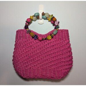 Vintage Cappelli Hot Pink Woven Straw Purse Beaded Handle Handbag Summer Bag